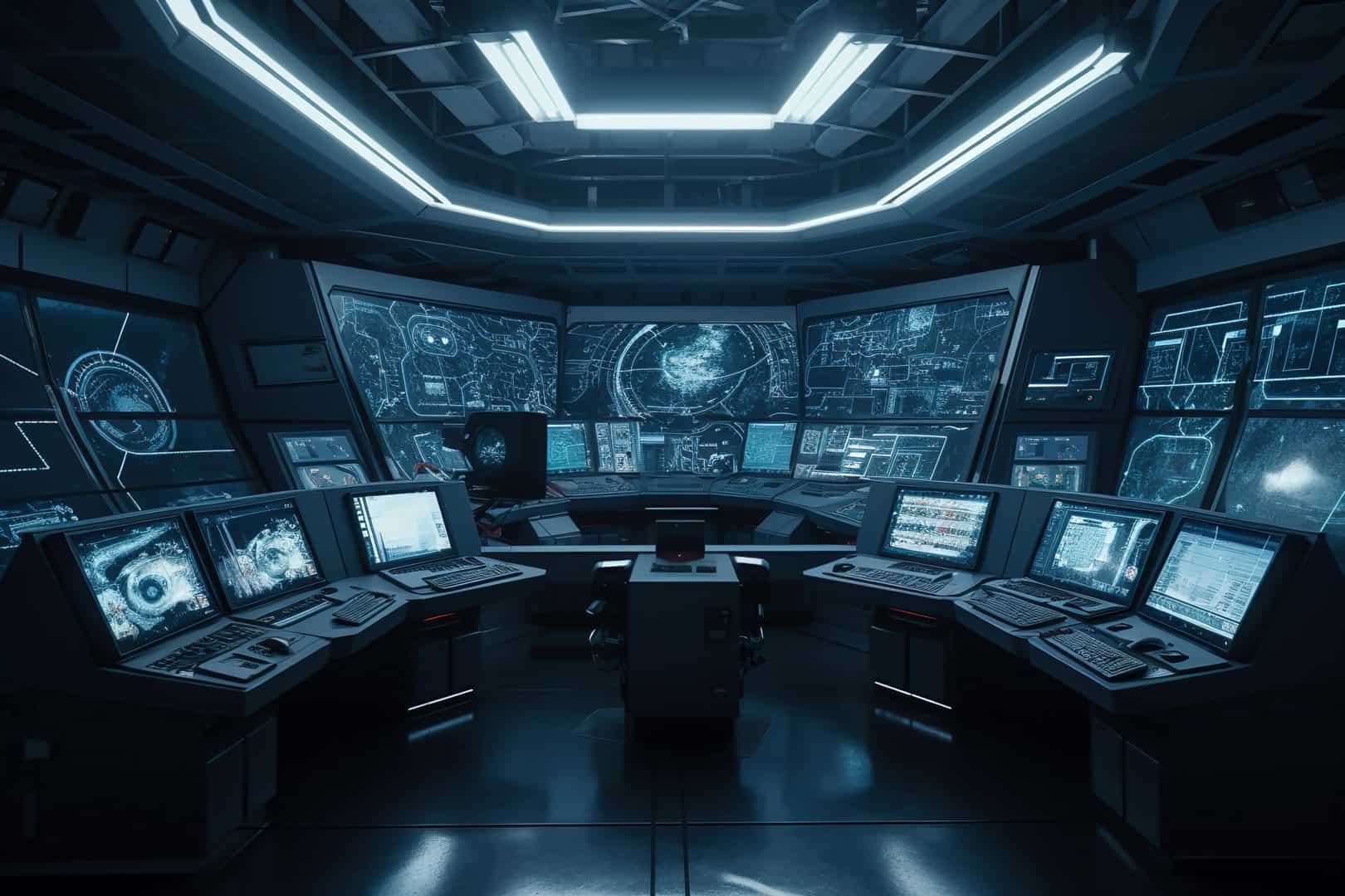 Azure Summit Technology | Control room with screens and computers, interior of command center, generative AI. Inside dark futuristic room with digital dashboards. Concept of monitoring, technology, future, information.